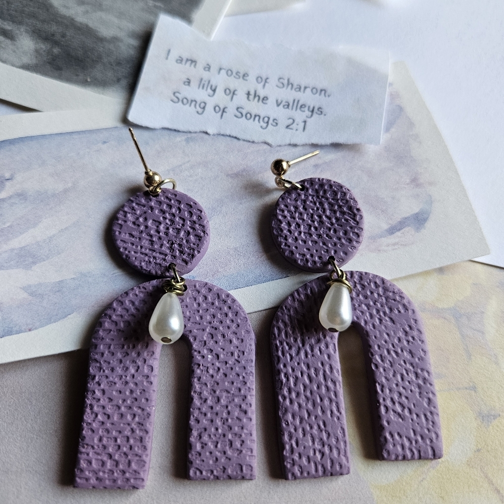 Handmade Polymer Clay Elegant Lilac Earrings with Pearl Accent